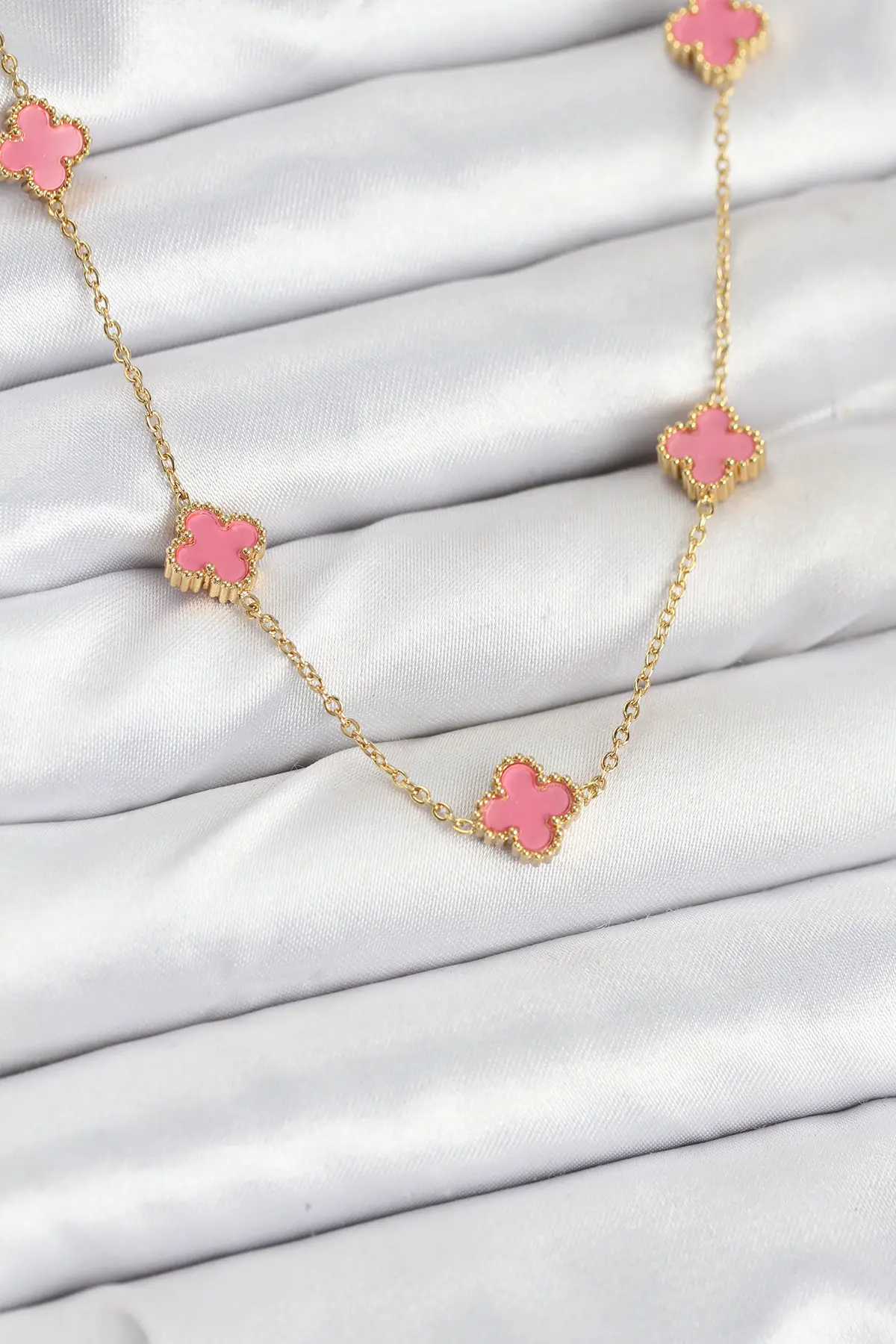 316L Çelik Zincir Gold Renk Pembe Baby Boy Yonca Kadın Kolye TJ-BKO10572