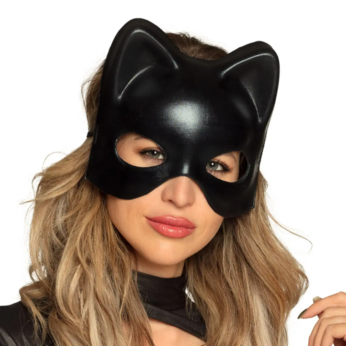 Siyah Deri Görünümlü Kedi Maskesi – Cosplay &amp; Maskeli Balo
