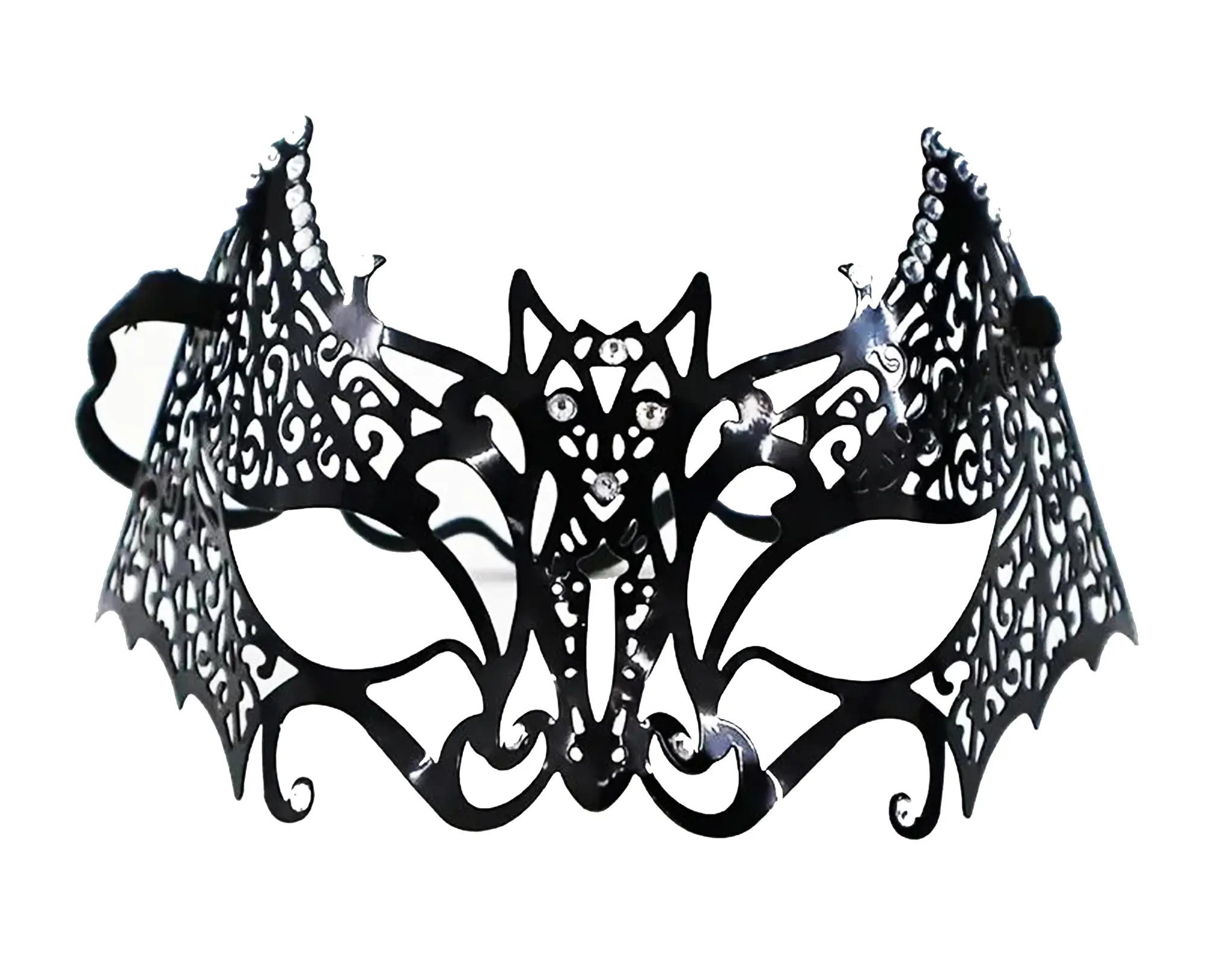 Siyah Renk Kesim Üzeri Kristal Taşlı Metal Maske Yarasa Venedik