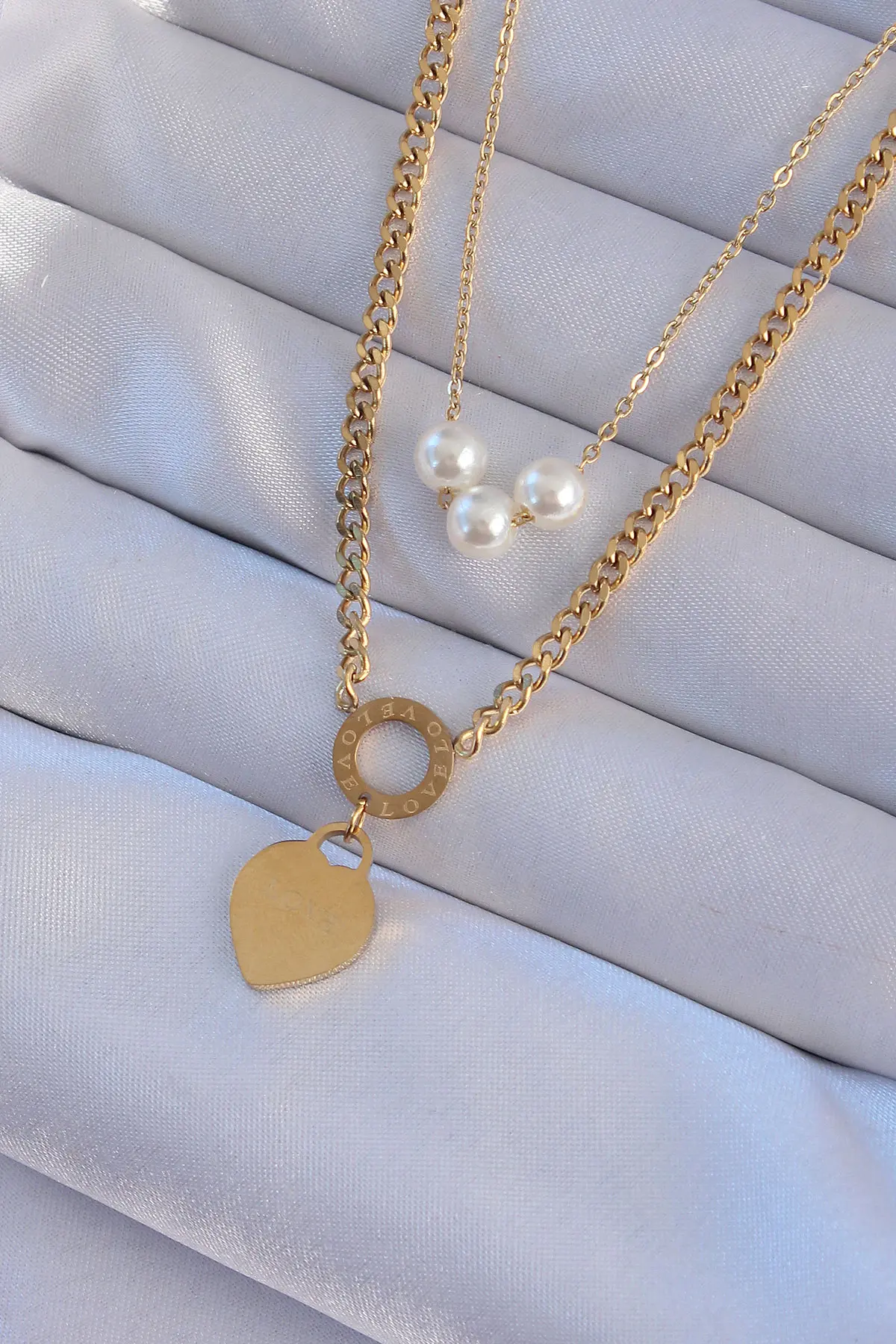 316L Çelik Gold Renk Çift Zincir İnci Detayı Love Kalp Kolye TJ-BKO8939