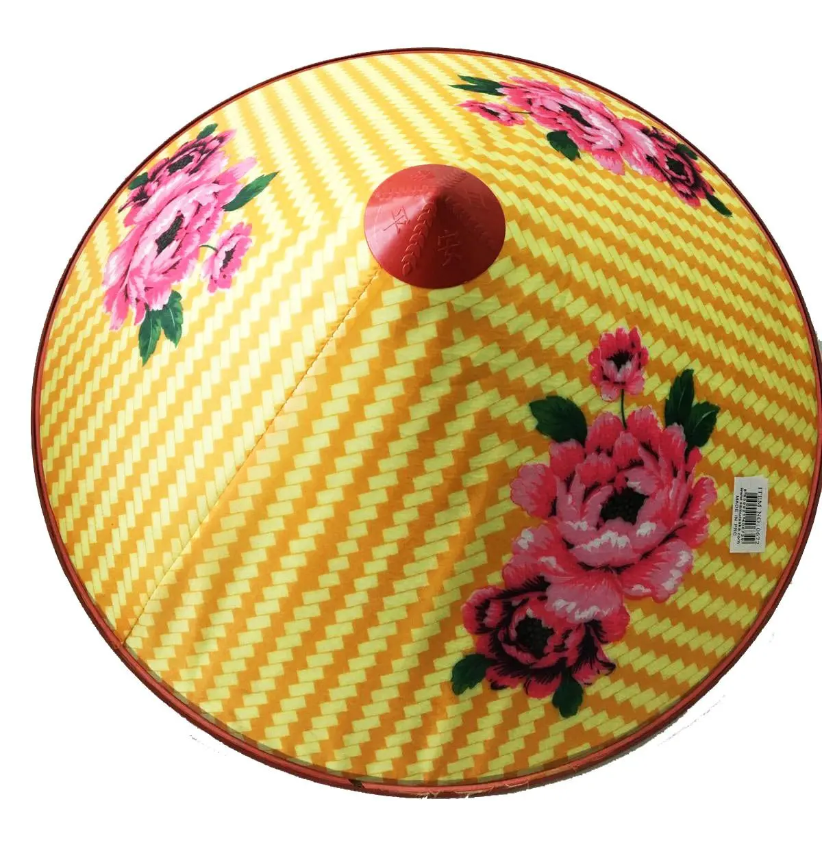 Pembe Çiçekli Saten Kaplama Sarı Vietnam Şapkası