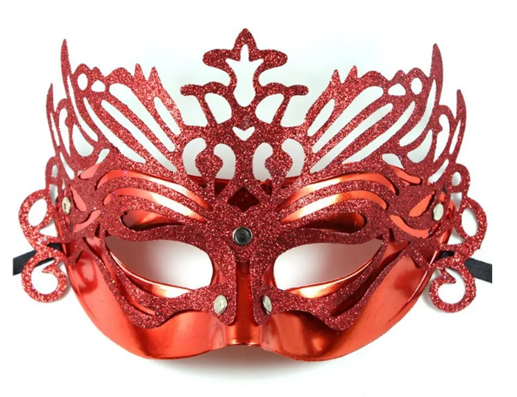 Metalik Kırmızı Renk Masquerade Simli Parti Maskesi 23x14 cm