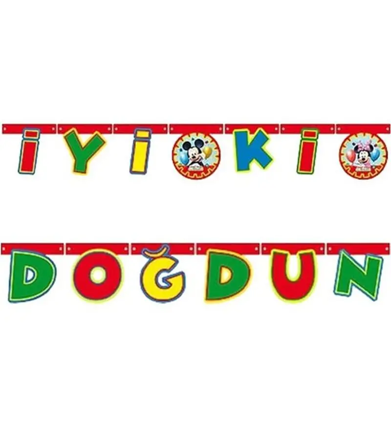 Mickey Mouse Temalı Rengarenk İyiki Doğdun Yazılı Flama Bayrak Süsleme 2 Metre