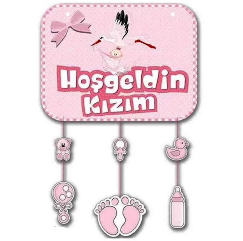 Pembe Renk Hoşgeldin Kızım Temalı Kapı Süsü Süsleme 40x60 cm