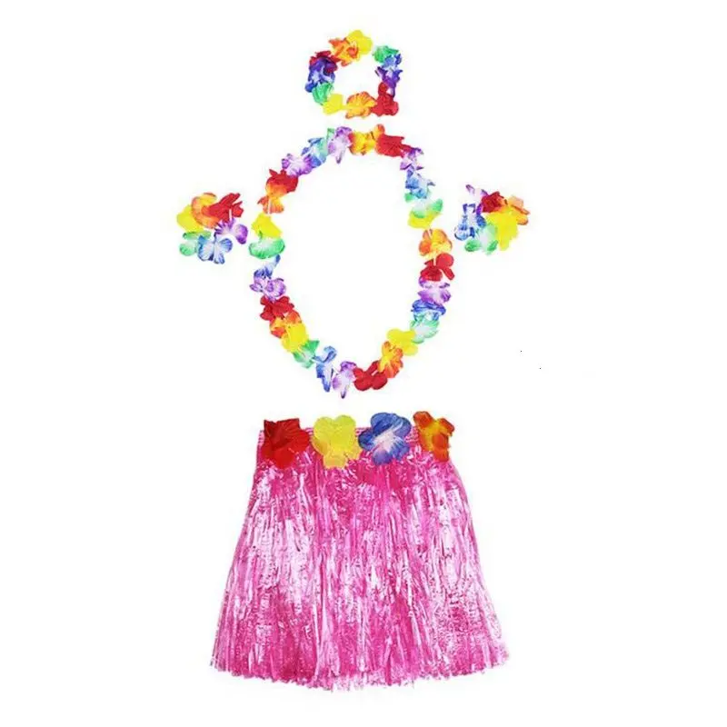 Yetişkin ve Çocuk Uyumlu Luau Aloha Hawaii Pembe Etek ve Renkli Kolye Taç 2 Adet Bileklik Seti