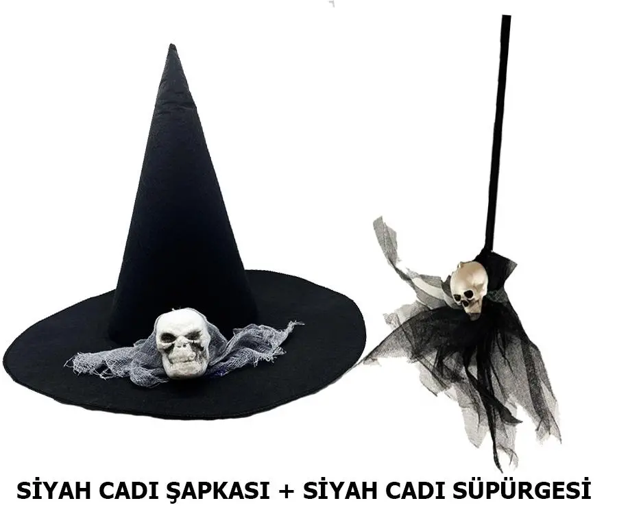 Cadı Şapkası Kuru Kafa Temalı + Cadı Süpürgesi Kuru Kafa Temalı - 2 li Set