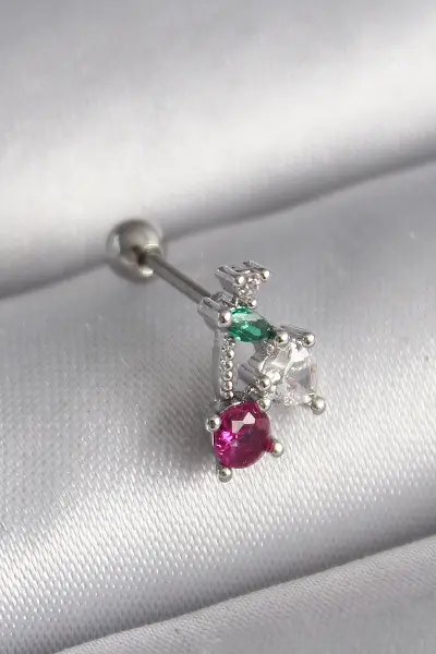 316L Çelik Gümüş Renk Zirkon Taşlı Tragus Piercing TJ-PR1227