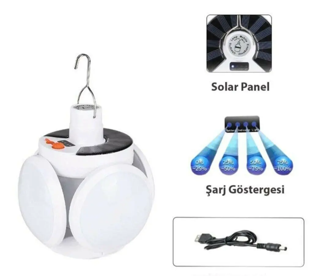Solar Güneş Enerji Ve Usb Sarjlı 5 Kanatlı Bahçe Aydınlatma Led Askılı Pratik Kamp Lamba