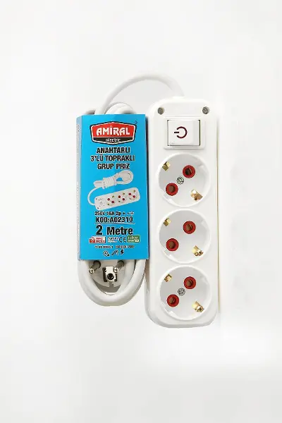 3 lü Topraklı Anahtarlı 2 Metre Kablolu Grup Priz