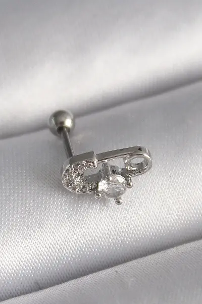 316L Çelik Gümüş Renk Zirkon Taşlı Toplu İğne Tragus Piercing TJ-PR1275