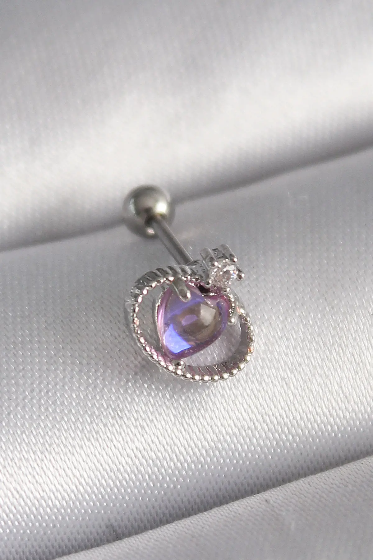 316L Çelik Gümüş Renk Mor Mineli Kalp Zirkon Taş Detay Tragus Piercing TJ-PR1273