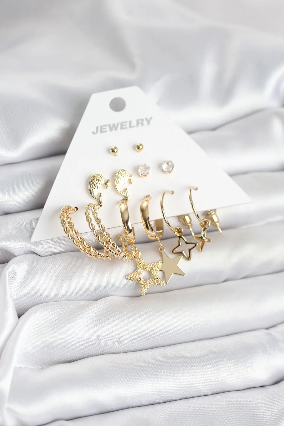 Gold Renk Yıldızlı Set 6 Çift Kadın Küpe Seti TJ-BKP11320