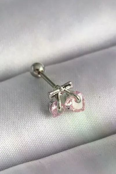 316L Çelik Gümüş Renk Pembe Zirkon Taşlı Kalp Tragus Piercing TJ-PR1235