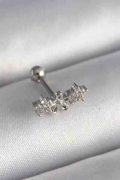 316L Çelik Gümüş Renk Zirkon Taşlı Çiçek Tragus Piercing TJ-PR1247