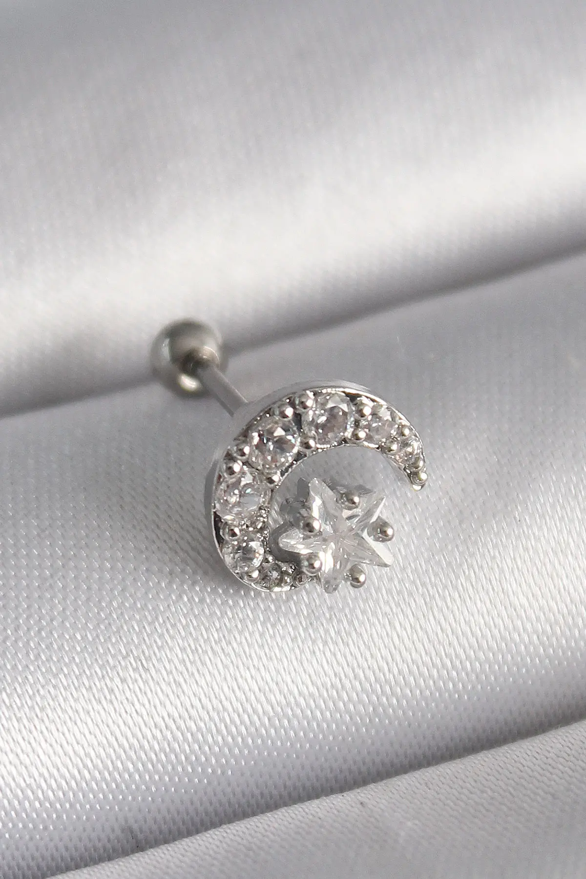 316L Çelik Gümüş Renk Zirkon Taşlı Ay Yıldız Tragus Piercing TJ-PR1257