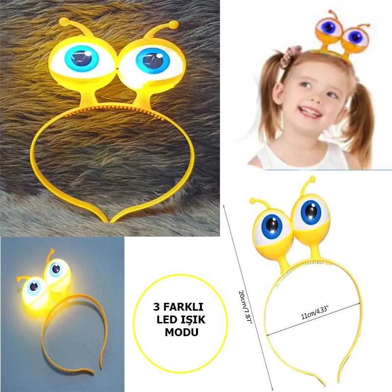 Led Işıklı &amp; Pilli 3 Farklı Modda Yanan Uzaylı Göz Parti Tacı Sarı Renk 18x12 cm