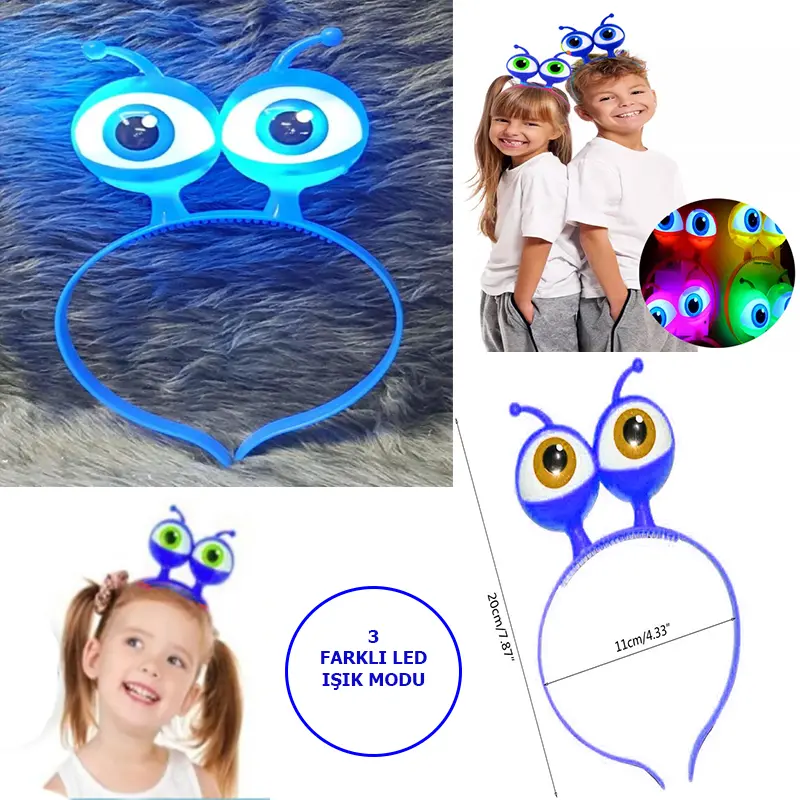 Led Işıklı &amp; Pilli 3 Farklı Modda Yanan Uzaylı Göz Parti Tacı Mavi Renk 18x12 cm