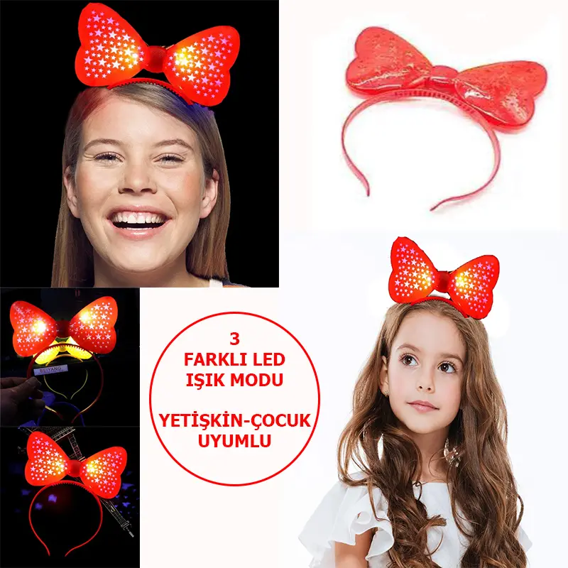Led Işıklı &amp; Pilli 3 Farklı Modda Yanan Yıldızlı Fiyonk Parti Tacı Kırmızı Renk 19x15 cm
