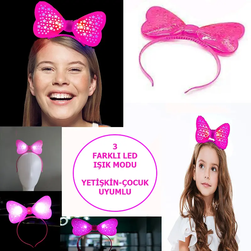 Led Işıklı &amp; Pilli 3 Farklı Modda Yanan Yıldızlı Fiyonk Parti Tacı Pembe Renk 19x15 cm