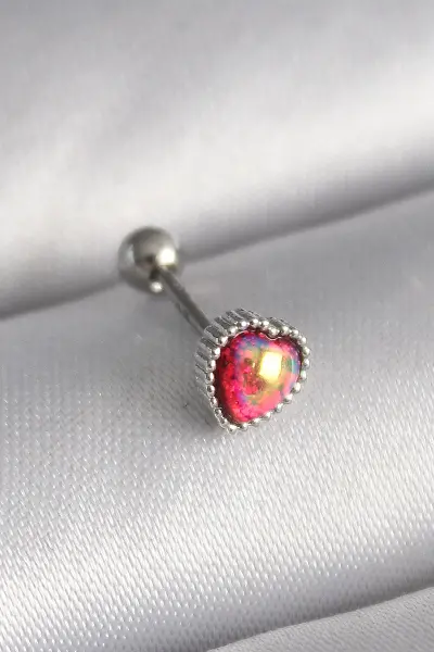 316L Çelik Gümüş Renk Kırmızı Mineli Kalp Tragus Piercing TJ-PR1267