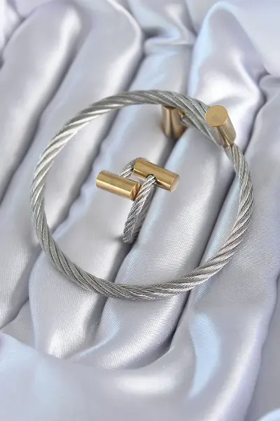 316L Çelik Gümüş Renk Gold Detay Sarmal Model Erkek Bileklik Yüzük Kombini TJ-EB3603