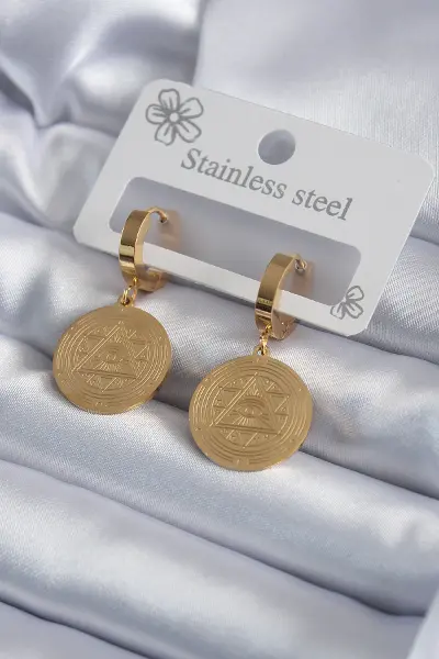 316L Çelik Gold Renk Pentagram İşleme Model Kadın Küpe TJ-BKP7975