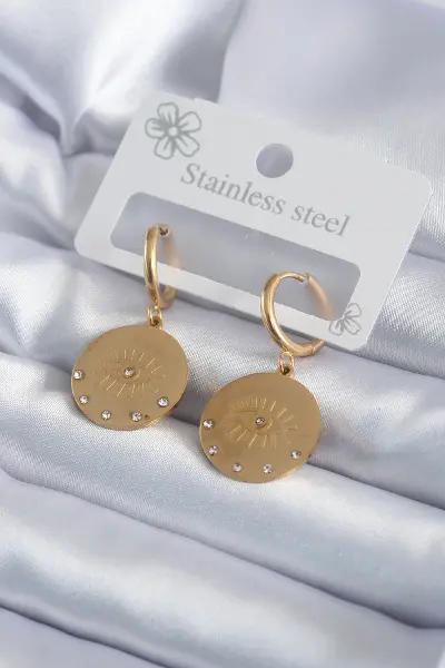 316L Çelik Gold Renk Zirkon Taşlı Göz İşleme Model Kadın Küpe TJ-BKP7985