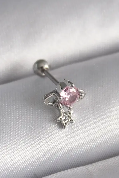 316L Çelik Gümüş Renk Pembe Zirkon Taşlı Sallantı Yıldız Detay Tragus Piercing TJ-PR1237