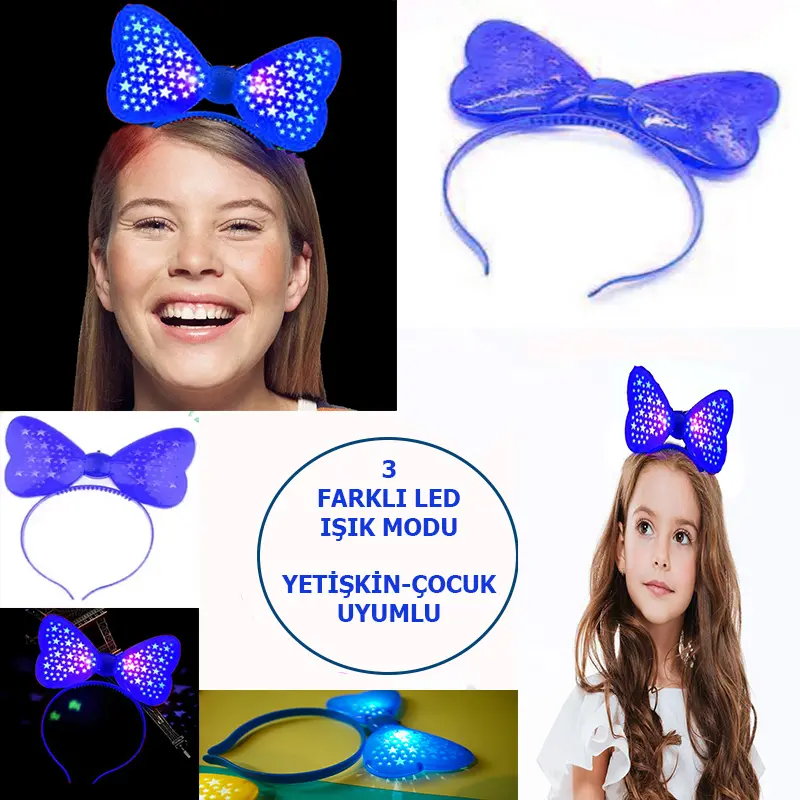 Led Işıklı &amp; Pilli 3 Farklı Modda Yanan Yıldızlı Fiyonk Parti Tacı Mavi Renk 19x15 cm