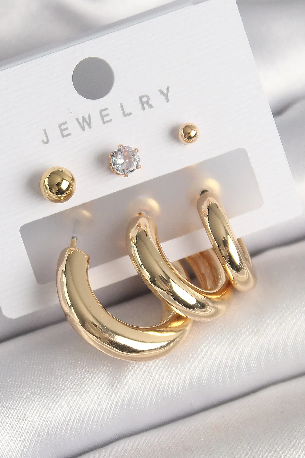 Pirinç Gold Renk Halka Model Zirkon Taşlı Topçuk Detay Kadın Küpe TJ-BKP10306