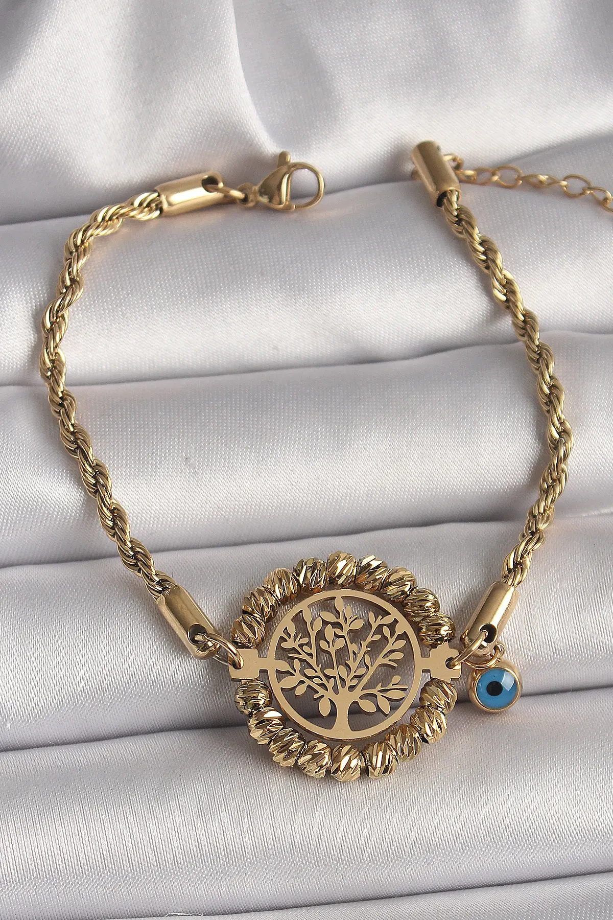 316L Çelik Gold Renk Burgu Zincir Model Dorika Yaşam Ağacı Figür Nazar Boncuk Detay Kadın Bileklik TJ-BB6784