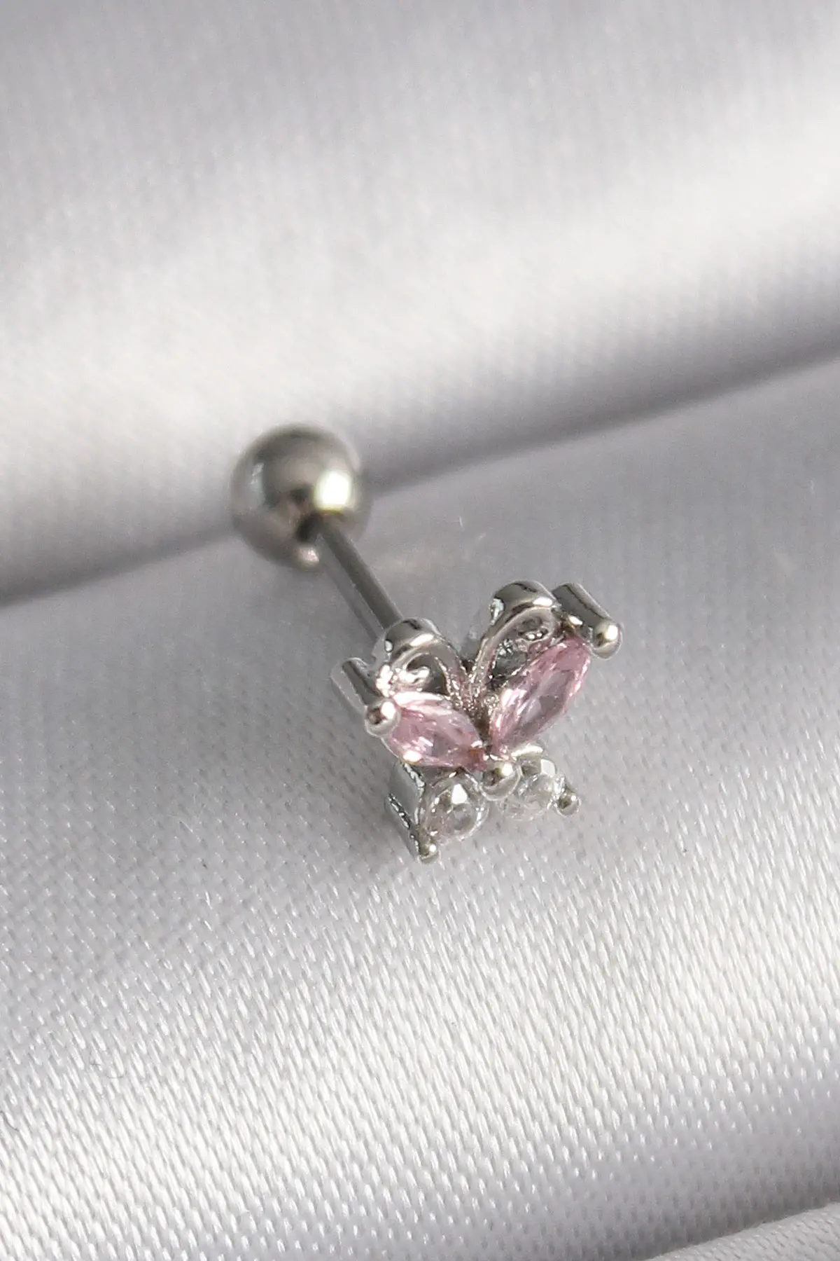 316L Çelik Gümüş Renk Pembe Zirkon Taşlı Tragus Piercing TJ-PR1241