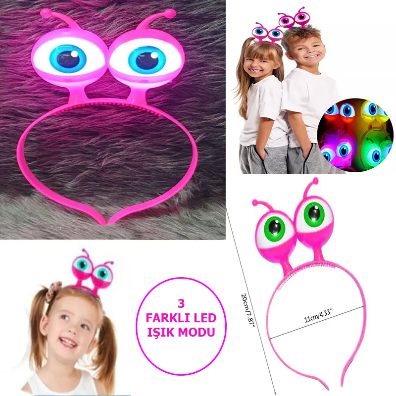 Led Işıklı &amp; Pilli 3 Farklı Modda Yanan Uzaylı Göz Parti Tacı Pembe Renk 18x12 cm