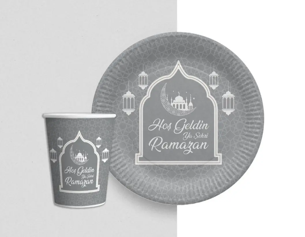 Gümüş Renk Hoşgeldin Ya Şehr-i Ramazan Yazılı Tabak ve Bardak Seti 16 Adet