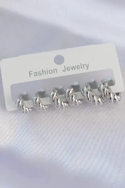 Pirinç Gümüş Renk Minimal Tırtıklı Küpe Seti TJ-BKP8991