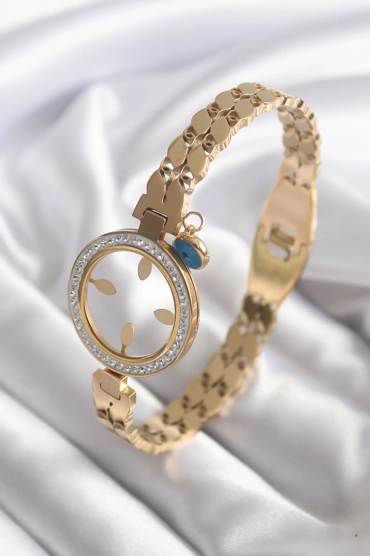 316L Çelik Gold Renk Arpa Model Zirkon Taş Detay Altın Takılabilir Kadın Kelepçe - TJ-BB5765