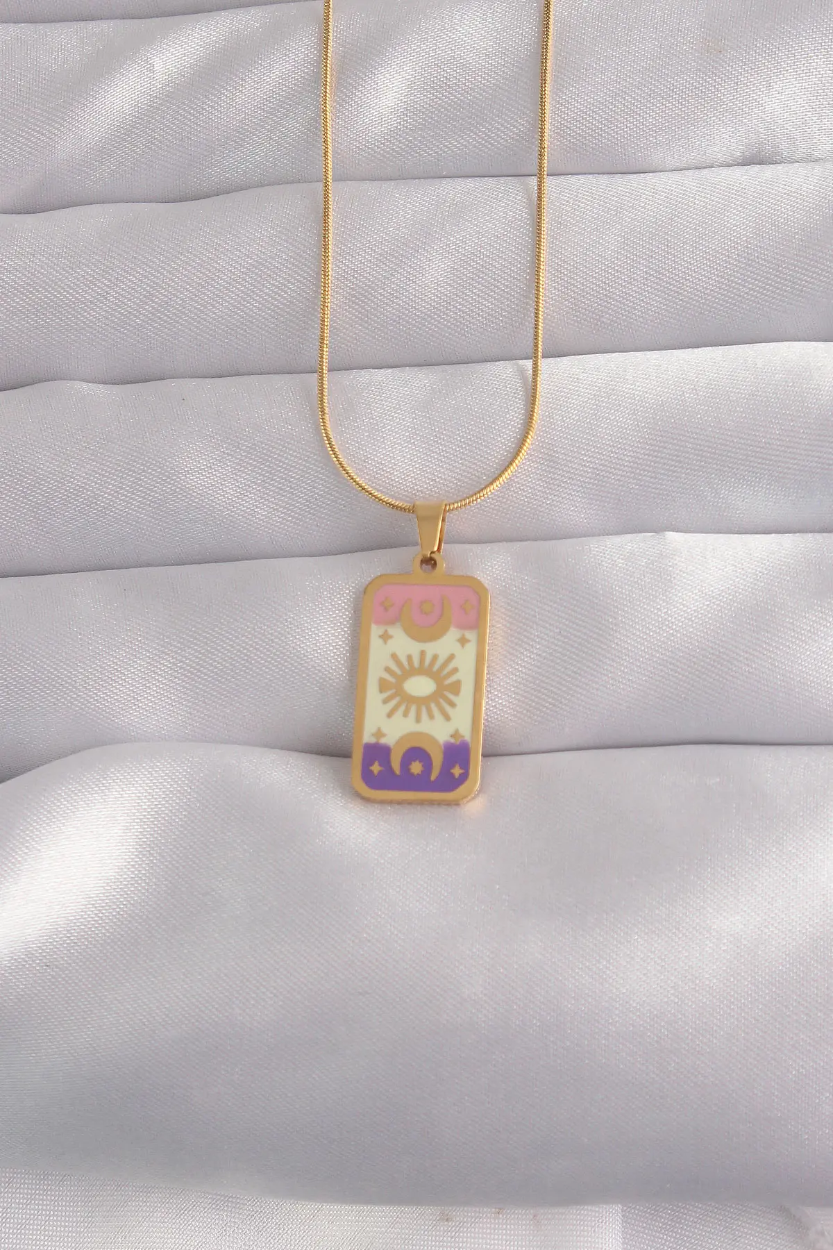 316L Çelik Gold Renk Karışık Mineli Ay Figür Tarot Kolye TJ-BKO9032