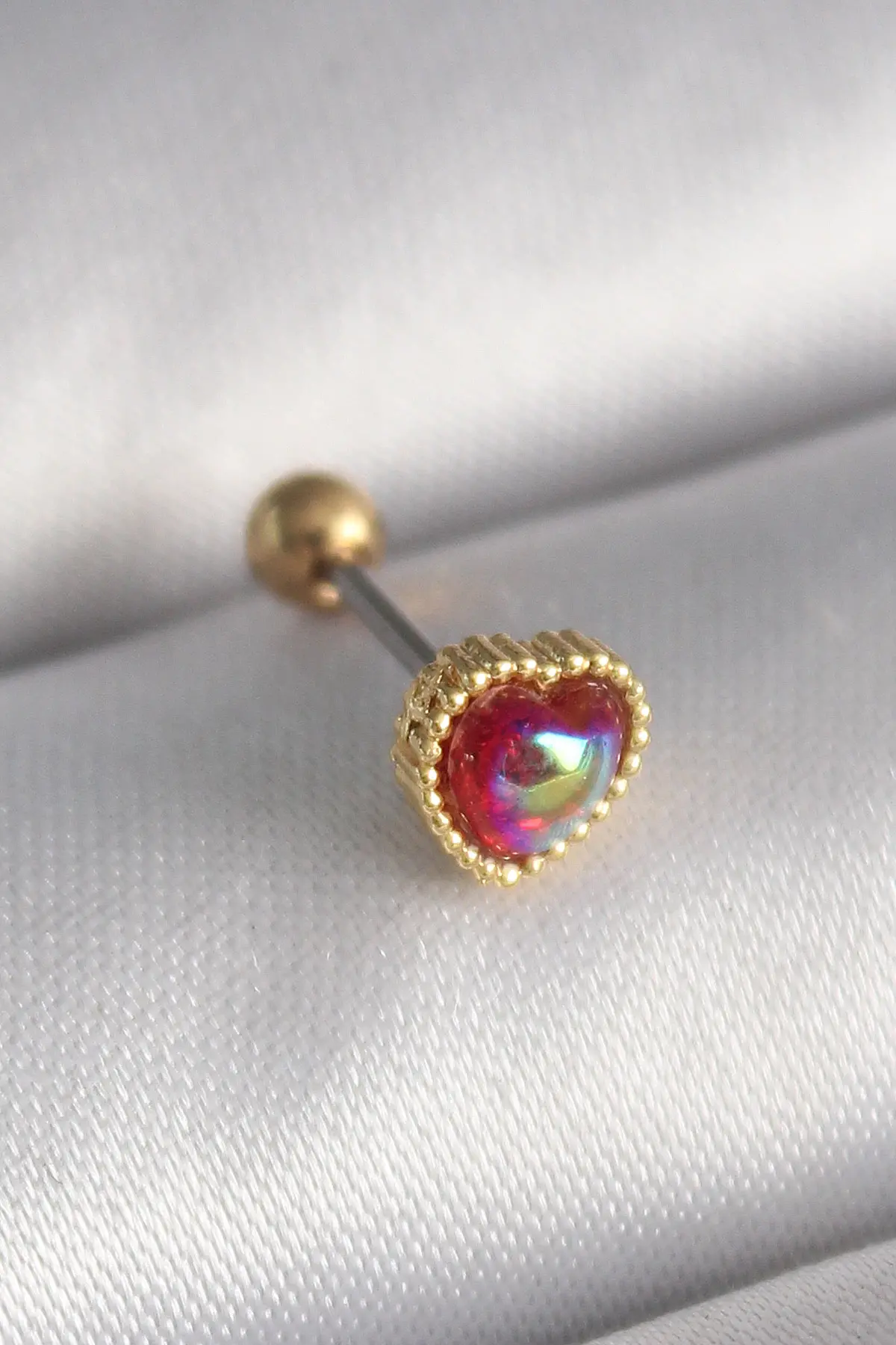 316L Çelik Gold Renk Kırmızı Mineli Kalp Tragus Piercing TJ-PR1266
