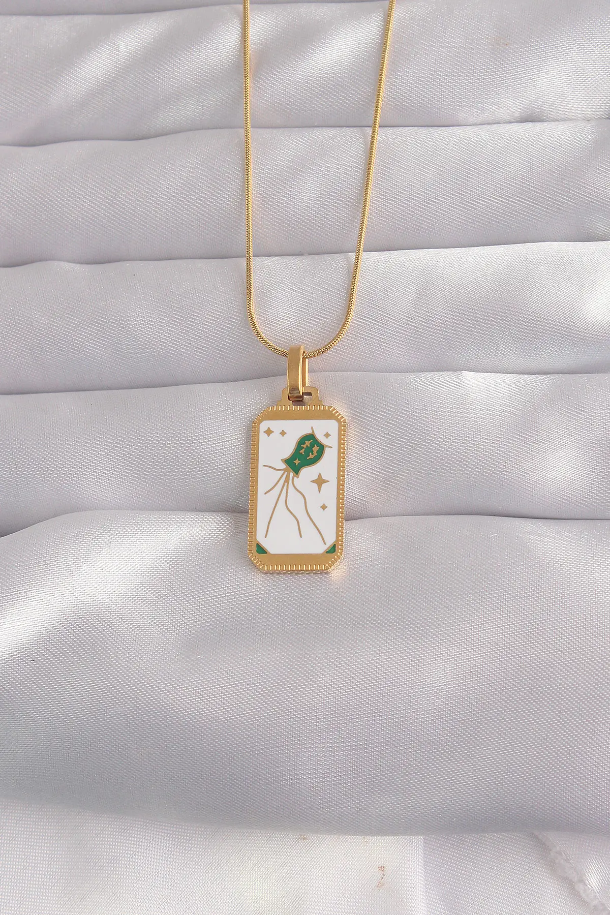 316L Çelik Gold Renk Beyaz Mineli Tarot Kolye TJ-BKO9039
