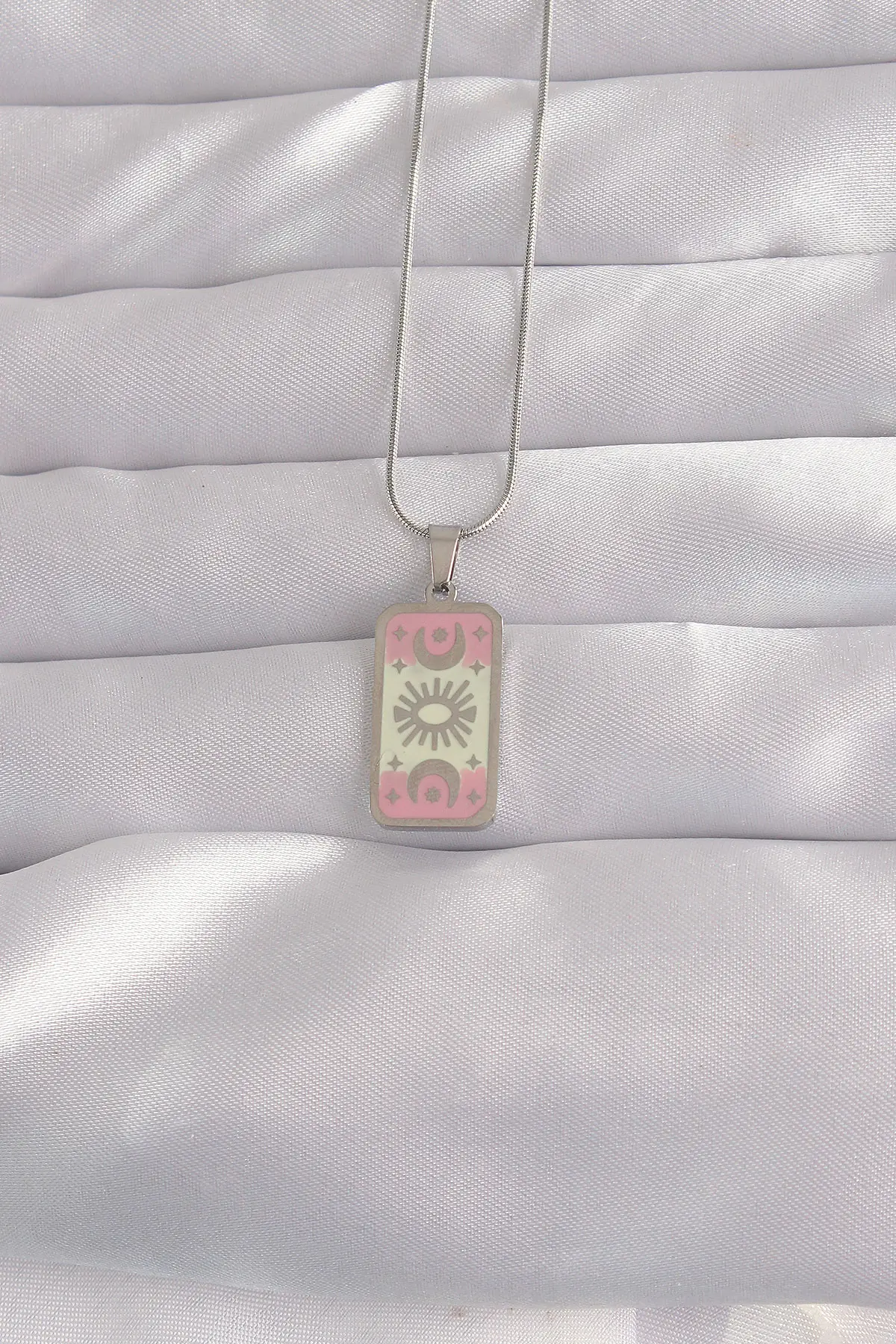 316L Çelik Gümüş Renk Pembe Mineli Ay Figür Tarot Kolye TJ-BKO9045
