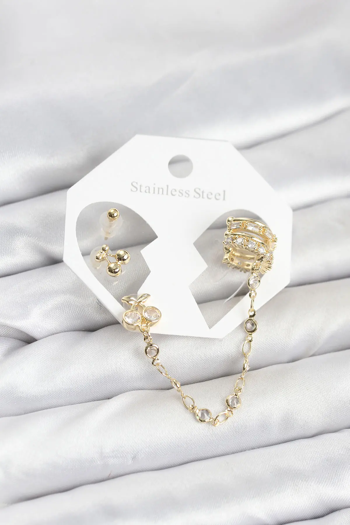 Kiraz Model Pirinç Gold Renk Zincir Bağlantılı Ear Cuff Küpe Seti TJ-BKP11549