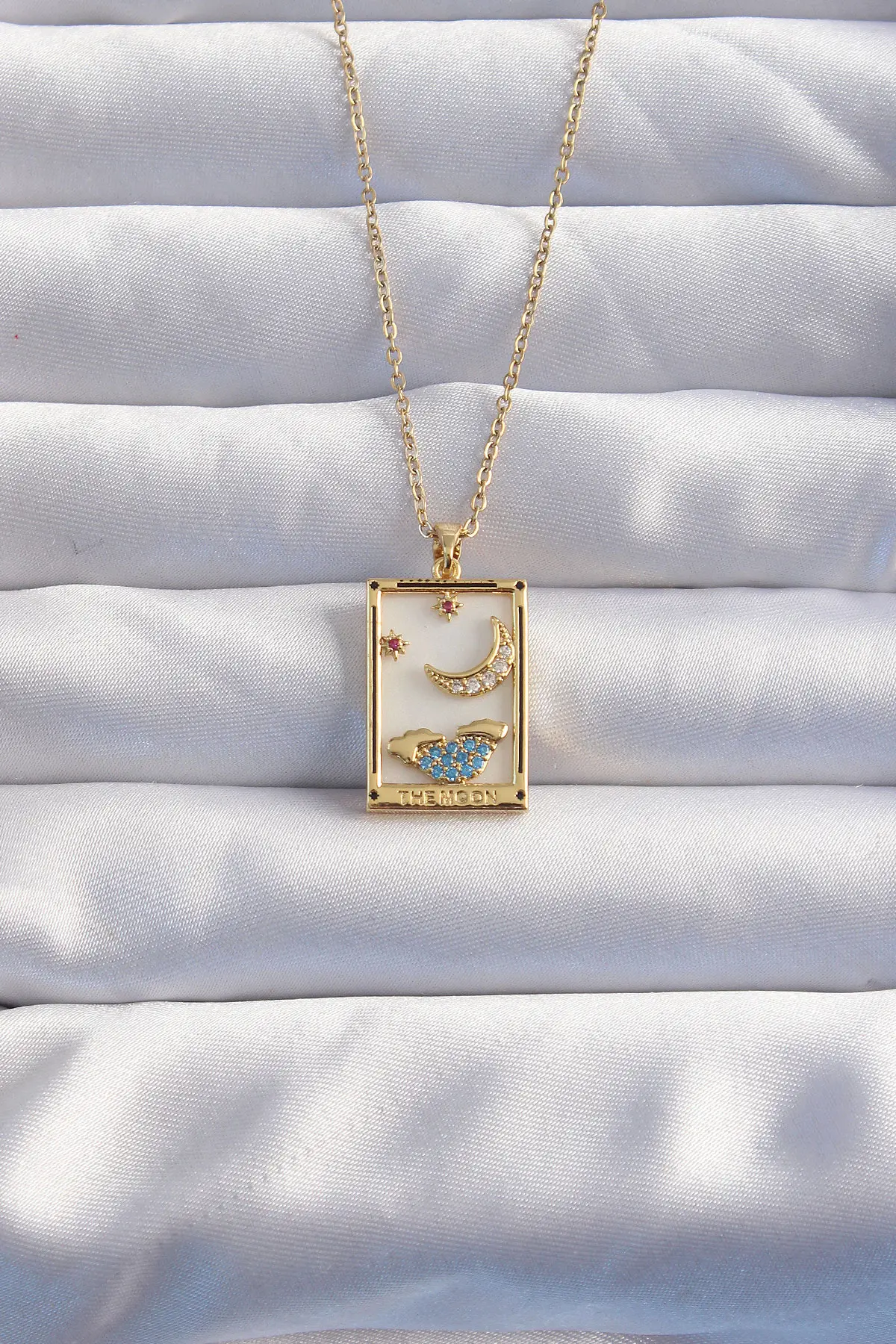 316L Çelik Zincir Gold Renk Ay Detay Mavi Zirkon Taşlı Tarot Kolye TJ-BKO8980