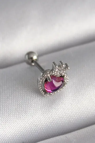 316L Çelik Gümüş Renk Pembe Mineli Kalp Zirkon Taş Detaylı Taç Tragus Piercing TJ-PR1263