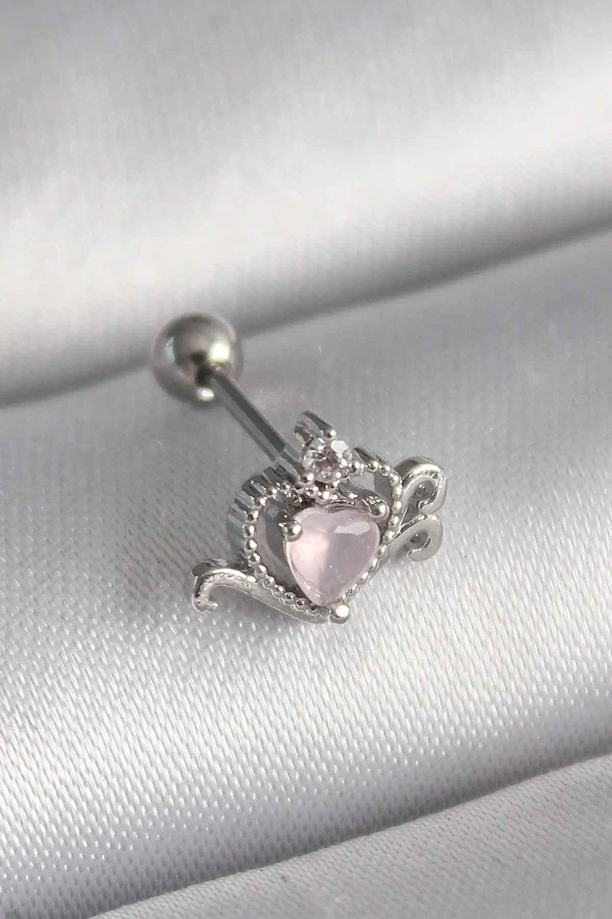 316L Çelik Gümüş Renk Pembe Mineli Kalp Zirkon Taş Detay Tragus Piercing TJ-PR1261