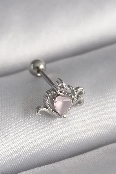 316L Çelik Gümüş Renk Pembe Mineli Kalp Zirkon Taş Detay Tragus Piercing TJ-PR1261