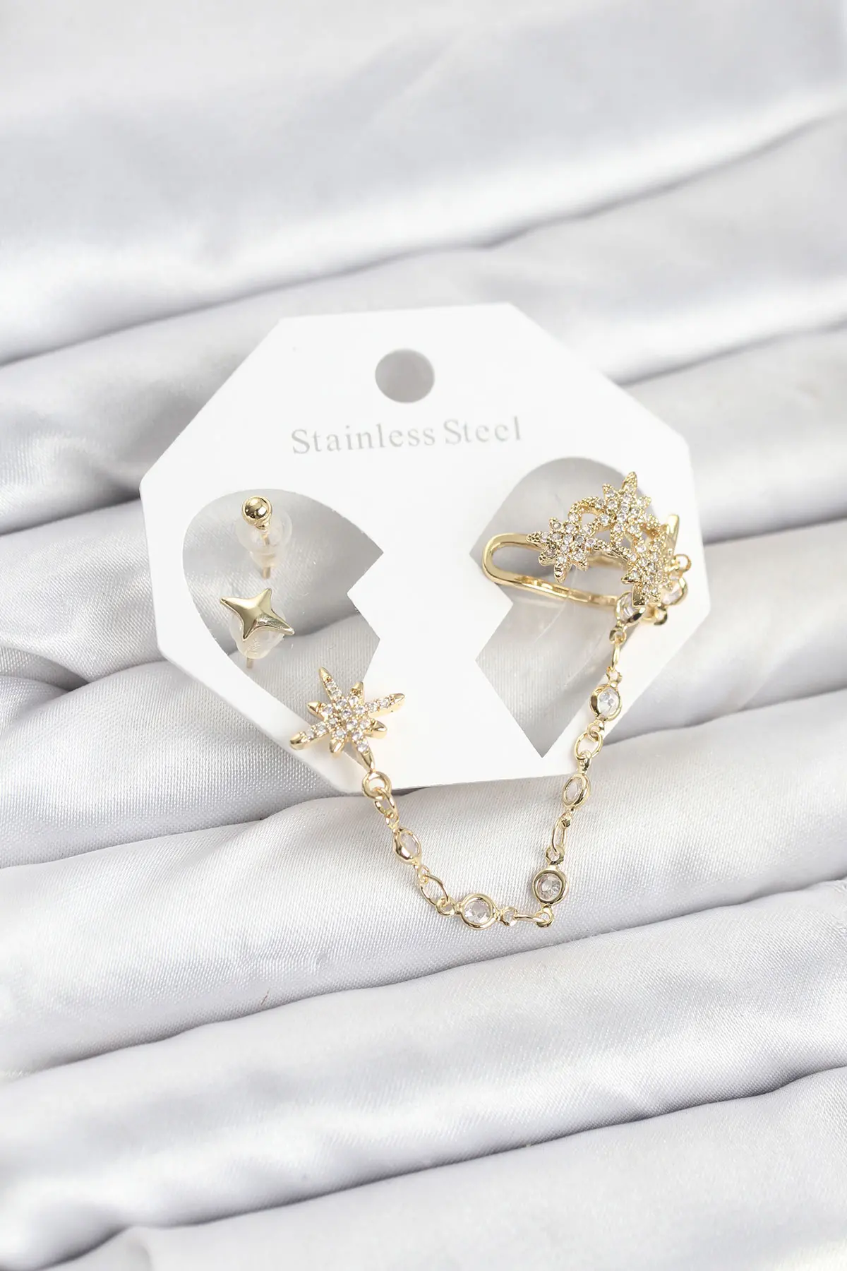 Kutup Yıldızı Model Pirinç Gold Renk Zincir Bağlantılı Ear Cuff Küpe Seti TJ-BKP11550