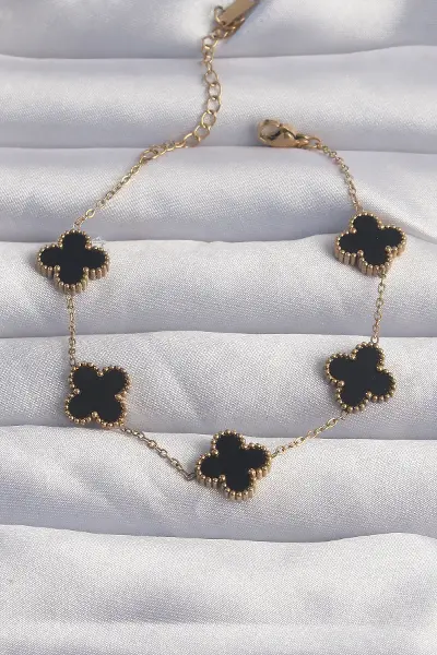 316L Çelik Gold Renk Siyah Mineli Yonca Bileklik TJ-BB6258