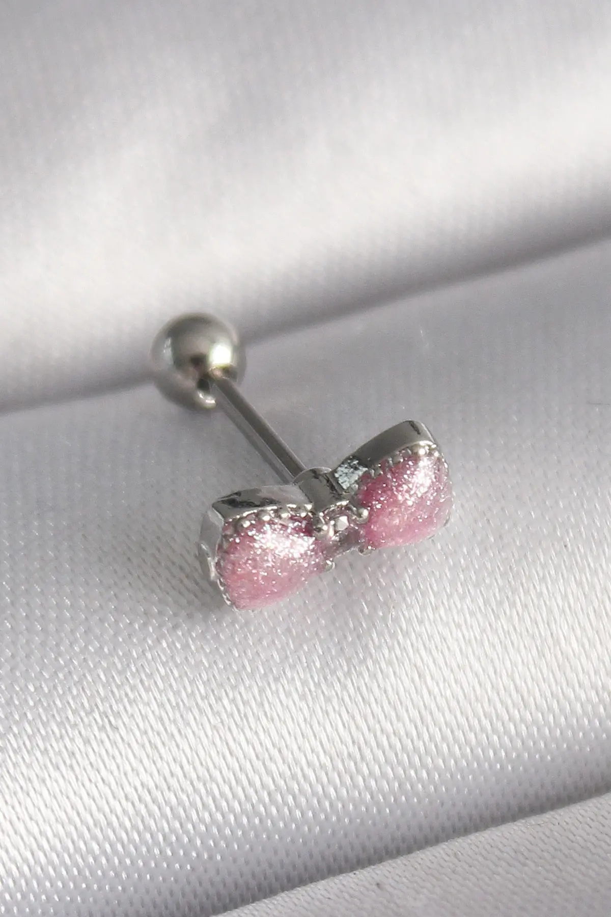 316L Çelik Gümüş Renk Pembe Kurdele Zirkon Taş Detay Tragus Piercing TJ-PR1295