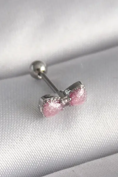 316L Çelik Gümüş Renk Pembe Kurdele Zirkon Taş Detay Tragus Piercing TJ-PR1295