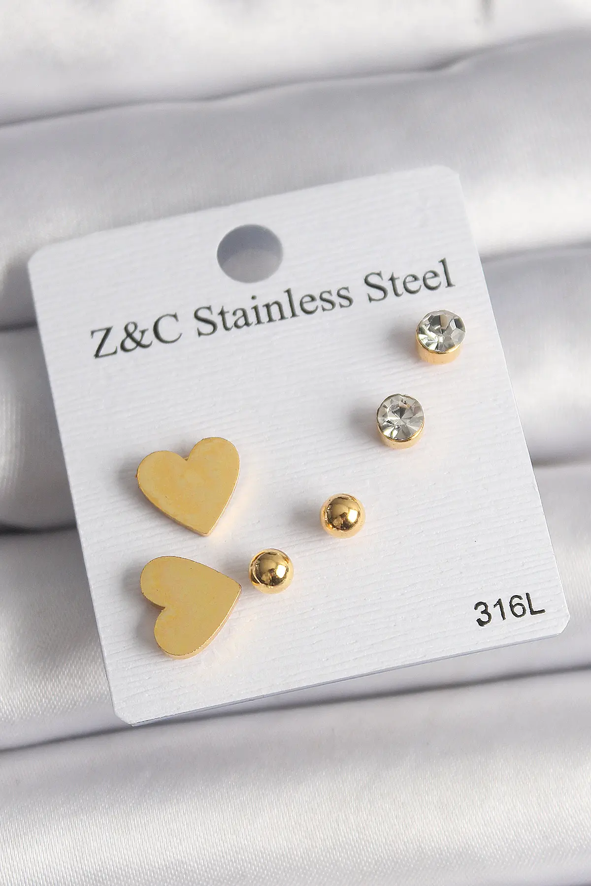 316L Çelik Gold Renk Zirkon Taşlı Kalpli Kadın Küpe Seti TJ-BKP10004